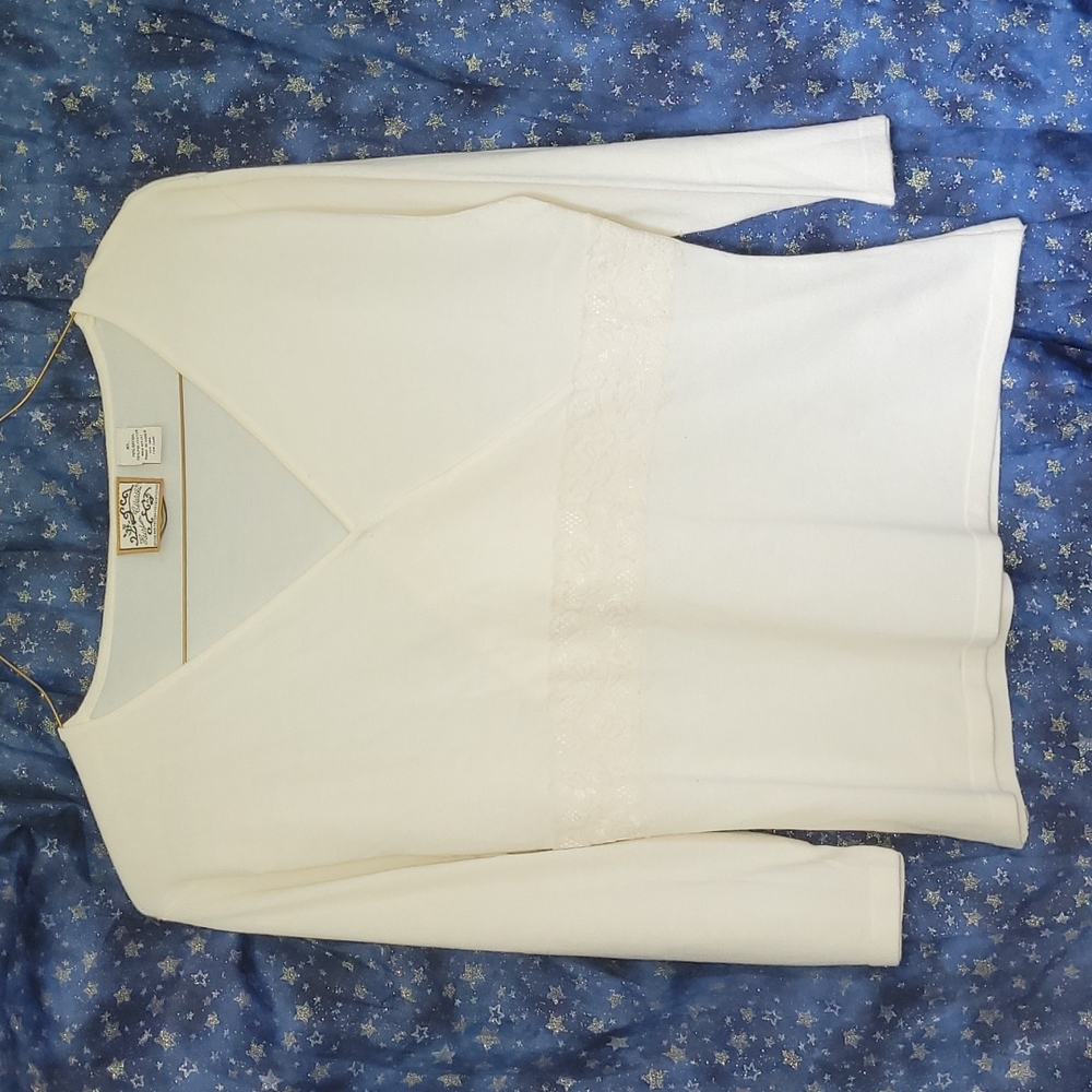 🍂3/$10 Heirloom Collectibles VTG Cream Lace-Waist, 3/4 Sleeve Cross-Over Blouse